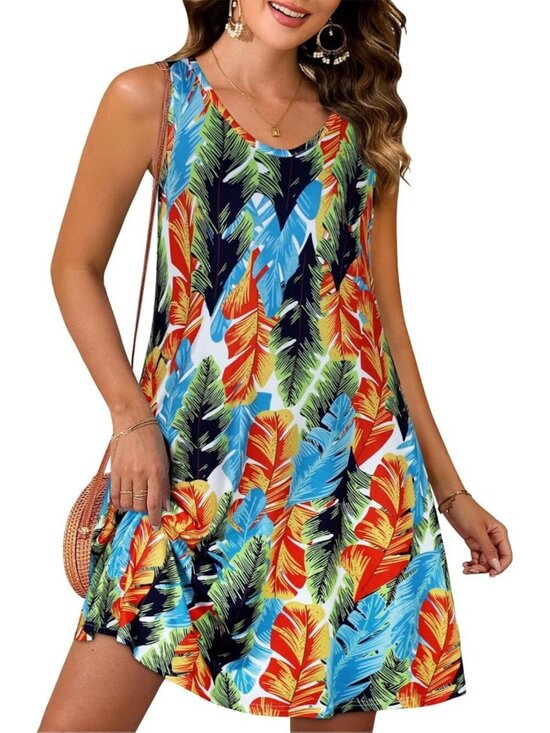 Dresses & Skirts - Women's Multicolor Feather Casual Sleeveless Loose Shirt V Neck Swing Mini Dress